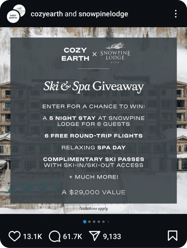 The Cozy Earth giveaway post on Instagram, showing the comment count climbing into the tens of thousands.